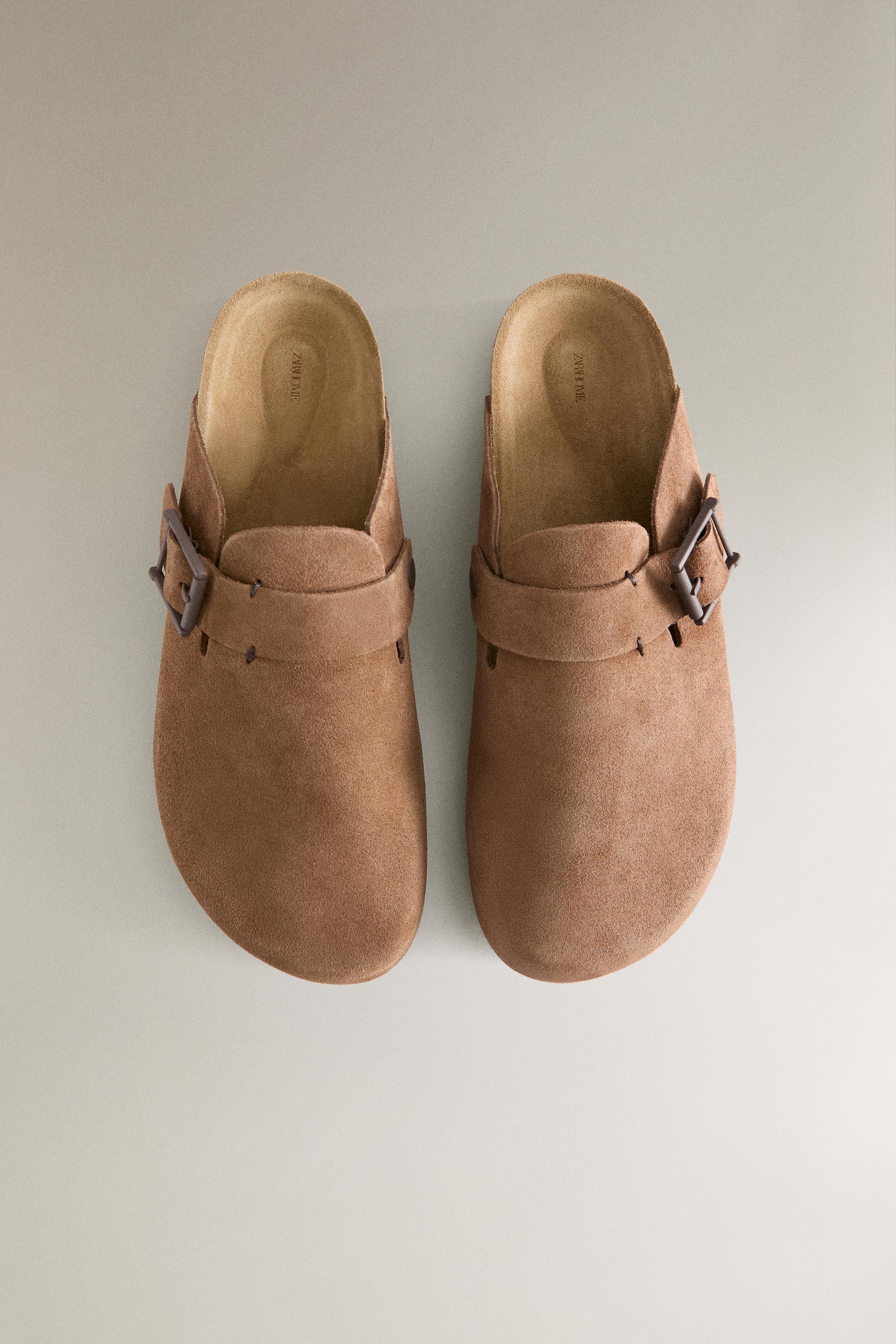 LEATHER MULE CLOG SLIPPERS WITH BUCKLE AND TOPSTITCHING DETAIL